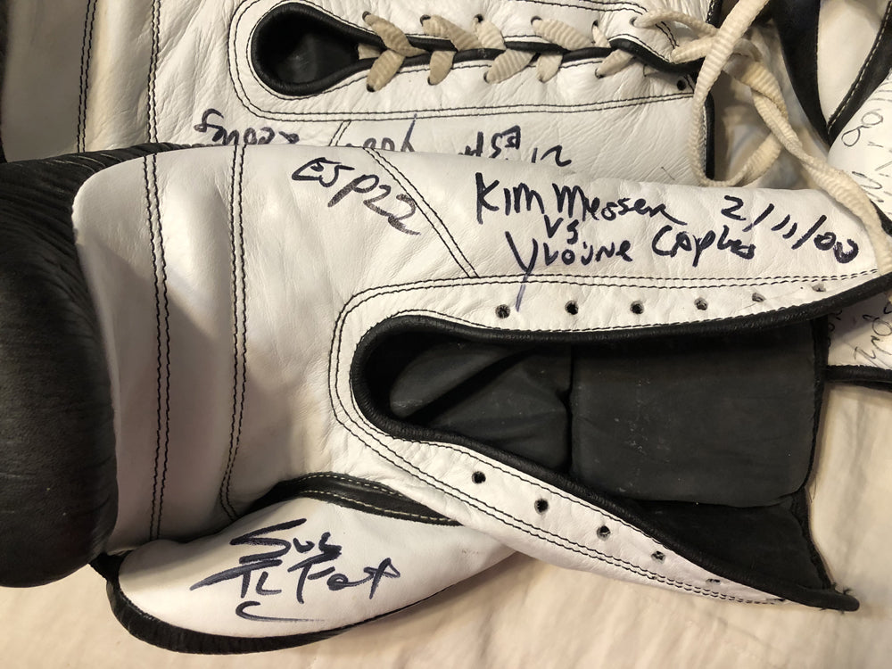 Original Boxing Gloves of Kim Messer vs. Yvonne Caples that they fought with in the Ring